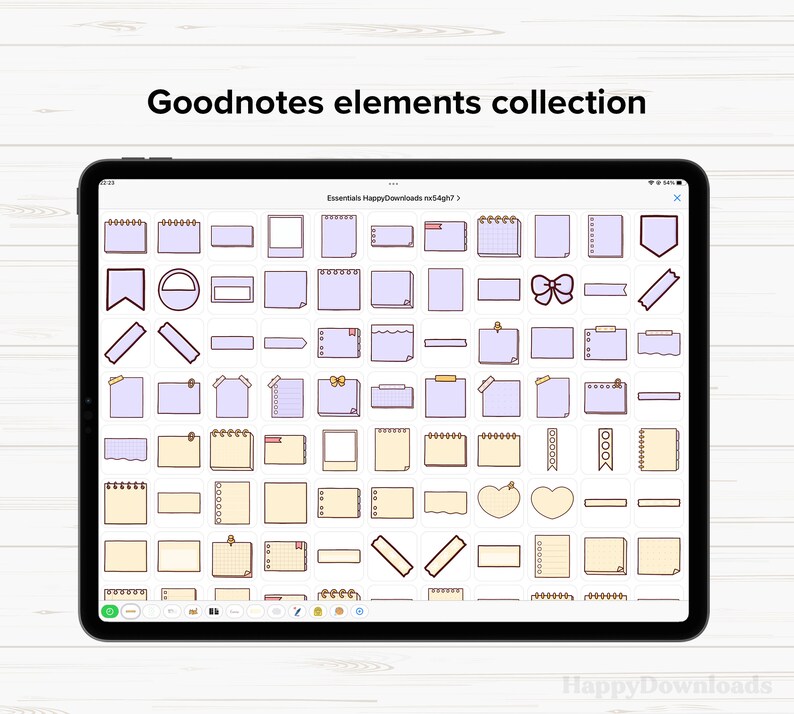 May include: A digital tablet screen displaying a collection of Goodnotes elements. The elements are various shapes and sizes of note paper, including lined, grid, and blank paper. There are also several decorative elements, such as a heart, a bow, and a star.