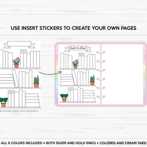 May include: A set of printable stickers for a planner or journal. The stickers feature a bookshelf with three shelves and space for adding books and plants. The text "Books to Read" is on the top of the bookshelf. The stickers are sold separately.