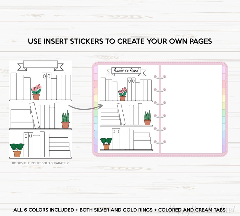 May include: A set of printable stickers for a planner or journal. The stickers feature a bookshelf with three shelves and space for adding books and plants. The text "Books to Read" is on the top of the bookshelf. The stickers are sold separately.