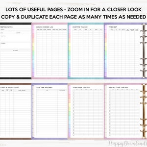 May include: A set of printable planner pages with colorful borders. The pages include sections for meeting notes, hours worked log, overtime tracker, timesheet, client and project log, task time required, team leave tracker, and annual leave tracker.