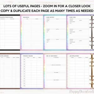 May include: A set of printable planner pages with colorful borders. The pages include sections for qualifications and exams, resources, work history, work trips, work expenses, finances tracker, end of year review, and job applications.