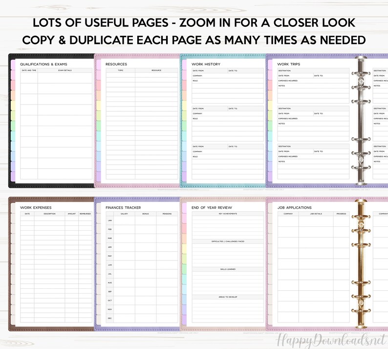 May include: A set of printable planner pages with colorful borders. The pages include sections for qualifications and exams, resources, work history, work trips, work expenses, finances tracker, end of year review, and job applications.