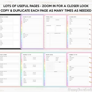 May include: A printable planner page with a rainbow color scheme. The page is divided into sections for books to read, places to visit, travel plans, classes, food and drink, recipes to try, recipe notes, and hobbies to try. The page is designed to be used with a disc bound planner.