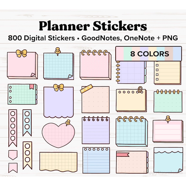 May include: A set of 800 digital planner stickers in 8 colors. The stickers feature various designs, including hearts, bows, grid paper, lined paper, and blank spaces. The stickers are compatible with GoodNotes and OneNote, and are also available as PNG files.
