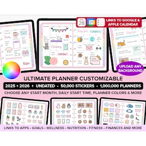 Custom Digital Planner 2025 2026 Undated Goodnotes Planner iPad Planner Digital Journal Daily Planner Weekly Planner Pink Goodnotes Template
