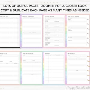 May include: A set of printable planner pages with colorful tabs. The pages include sections for team task lists, priorities assessment, follow up items, task status tracker, project plans, team project plans, meetings, and meeting notes.