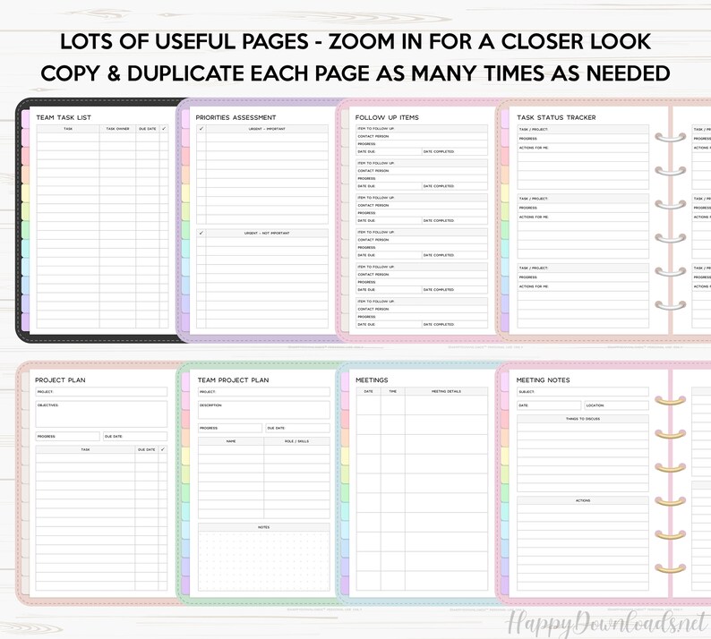 May include: A set of printable planner pages with colorful tabs. The pages include sections for team task lists, priorities assessment, follow up items, task status tracker, project plans, team project plans, meetings, and meeting notes.