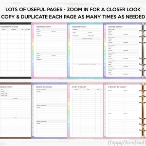 May include: A set of printable planner pages for students. The pages include sections for assignments, reading notes, study checklists, and more. The pages are designed to be printed and used in a binder.
