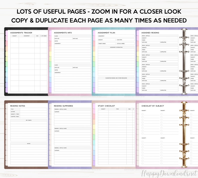 May include: A set of printable planner pages for students. The pages include sections for assignments, reading notes, study checklists, and more. The pages are designed to be printed and used in a binder.