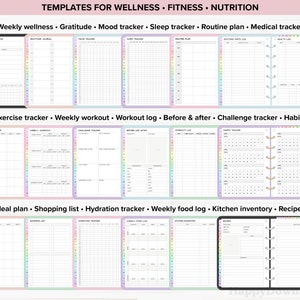 May include: A set of printable planner pages for wellness, fitness, and nutrition. The pages are organized into three sections: weekly wellness, exercise tracker, and meal plan. Each section includes a variety of trackers and logs, such as a gratitude journal, mood tracker, sleep tracker, workout log, and meal plan.