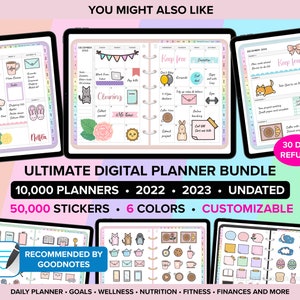 May include: A digital planner bundle with 10,000 planners, 50,000 stickers, and 6 colors. The bundle includes daily planners, goal planners, wellness planners, nutrition planners, fitness planners, finance planners, and more. The bundle is customizable and undated. The image shows a digital planner open to a December 2023 calendar page. The planner is designed with a pink and white color scheme and features cute illustrations. The image also shows a variety of stickers that can be used with the planner. The bundle is recommended by Goodnotes.