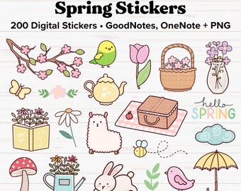 Lente digitale stickers, voorjaarsstickers, seizoensstickers, vooraf bijgesneden, Goodnotes-stickers, OneNote-stickers, iPad-stickers, PNG-stickers