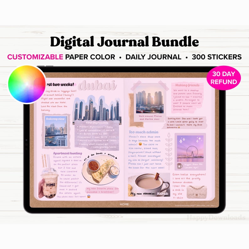 K&ouml;nnte beinhalten: Eine digitale Journal-Seite mit rosa Hintergrund und verschiedenen Stickern. Die Seite ist in Abschnitte mit &Uuml;berschriften wie "Erste zwei Wochen!" und "Wohnungssuche" unterteilt. Die Seite enth&auml;lt auch Fotos von Dubai, einer Tasse Tee und einem Teller Essen. Der Text "30 Tage R&uuml;ckgabegarantie" befindet sich in der oberen rechten Ecke der Seite.