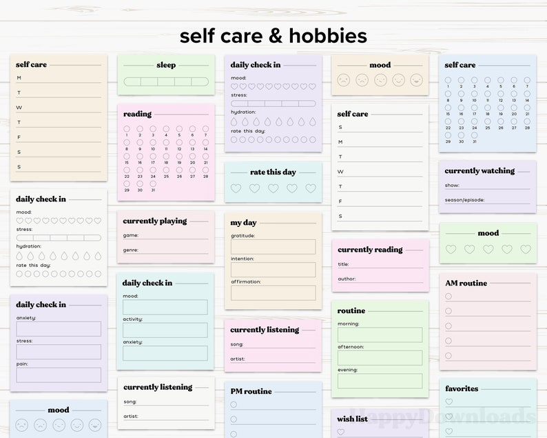 May include: A set of printable self-care and hobby tracker stickers. The stickers are in pastel colors and feature various prompts such as "daily check in", "mood", "sleep", "reading", "currently playing", "my day", "currently reading", "currently listening", "routine", "PM routine", "wish list", "favorites", "self-care", and "currently watching".