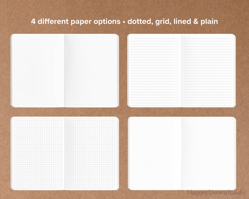 K&ouml;nnte beinhalten: Vier verschiedene Notizbuchpapieroptionen: gepunktet, kariert, liniert und blank. Jede Option wird als offenes Notizbuch mit wei&szlig;em Papier gezeigt.