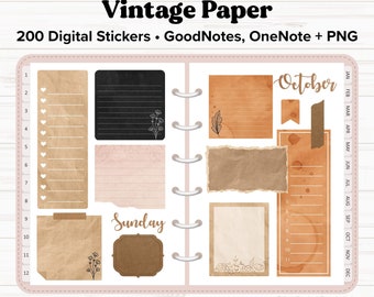 Pegatinas digitales de papel vintage, pegatinas vintage, pegatinas Goodnotes, pegatinas OneNote, pegatinas de diario digital, pegatinas de álbum de recortes digital