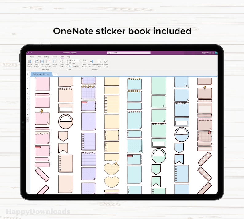 May include: A screenshot of a digital notebook app with a variety of colorful stickers. The stickers are in the shape of squares, circles, hearts, and arrows. The text "OneNote sticker book included" is at the top of the screen.