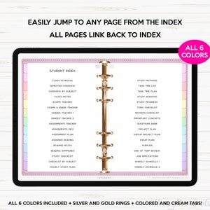 May include: A digital planner with a pink and gold design. The planner has a student index with sections for class schedule, semester overview, overview by subject, class notes, exams tracker, grades tracker, assignments tracker, assignment plan, assigned reading, reading notes, reading summaries, study checklist, checklist by subject, and hourly study plan. The planner also has sections for study methods, task time log, task time plan, study sessions, study progress, topic checklist, revision checklist, important concepts, questions bank, project plan, group project plan, essay plan, supplies, end of term review, job applications, weekly schedule 1, and weekly schedule 2. The planner has six different colored tabs.