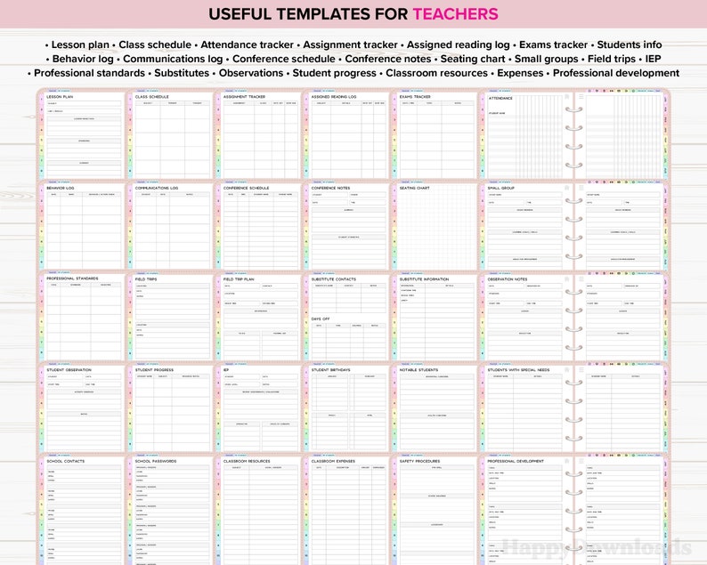 May include: A collection of printable templates for teachers, including lesson plans, class schedules, and attendance trackers. The templates are organized in a binder with colorful tabs and the text "USEFUL TEMPLATES FOR TEACHERS" at the top.