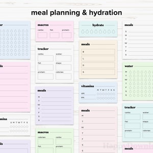 May include: A printable set of 10 meal planning and hydration trackers. The trackers are on pastel colored sticky notes with black text and icons. The trackers include: water, macros, hydrate, meals, tracker, vitamins, and macros.