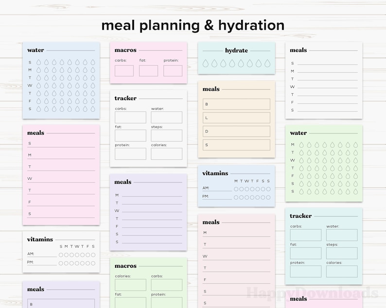 May include: A printable set of 10 meal planning and hydration trackers. The trackers are on pastel colored sticky notes with black text and icons. The trackers include: water, macros, hydrate, meals, tracker, vitamins, and macros.