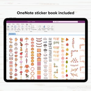 Pode incluir: Uma captura de tela de um aplicativo de caderno digital com uma p&aacute;gina cheia de adesivos com tema de outono. Os adesivos incluem ab&oacute;boras, folhas, guarda-chuvas, x&iacute;caras de caf&eacute; e muito mais. O texto "Hello Fall" aparece em v&aacute;rios dos adesivos.