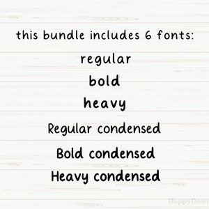 May include: Text on a white wood background that reads: "this bundle includes 6 fonts: regular, bold, heavy, Regular condensed, Bold condensed, Heavy condensed".