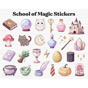 May include: A set of 20 colorful stickers featuring various magical objects and creatures, including a cat, owl, mushroom, potion bottle, crystal, and a castle. The stickers are perfect for adding a touch of magic to your planner, laptop, or water bottle.