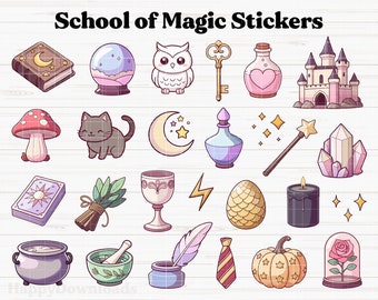 May include: A set of 20 colorful stickers featuring various magical objects and creatures, including a cat, owl, mushroom, potion bottle, crystal, and a castle. The stickers are perfect for adding a touch of magic to your planner, laptop, or water bottle.