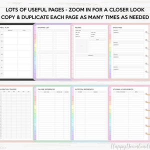 May include: Printable planner pages with colorful borders. The pages include sections for meal planning, shopping lists, recipes, smoothies, hydration tracking, calorie references, nutrition references, and vitamins and supplements.