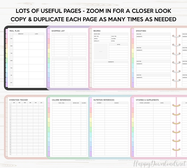 May include: Printable planner pages with colorful borders. The pages include sections for meal planning, shopping lists, recipes, smoothies, hydration tracking, calorie references, nutrition references, and vitamins and supplements.