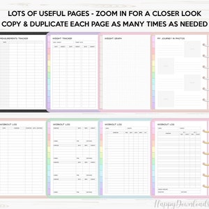 May include: Printable planner pages with colorful tabs. The pages include sections for measurements, weight tracking, a weight graph, a workout log, and a photo journal.