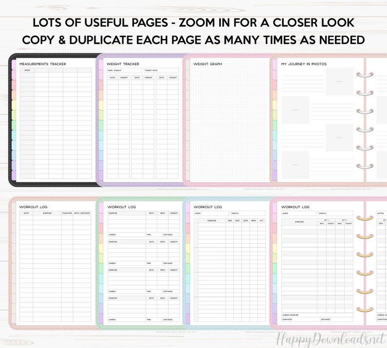 May include: Printable planner pages with colorful tabs. The pages include sections for measurements, weight tracking, a weight graph, a workout log, and a photo journal.