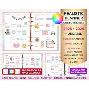 Könnte beinhalten: Ein rosa-weißer druckbarer Planer mit einem farbenfrohen Regenbogen-Design. Der Planer ist anpassbar und enthält 1.000.000 Planer und 50.000 Aufkleber. Der Planer ist für die Jahre 2025 und 2026 und beinhaltet eine undatierte Option. Der Planer kann mit verschiedenen Startmonaten, täglichen Startzeiten, Planerfarben und vielem mehr angepasst werden. Der Planer enthält auch Links zu Google- und Apple-Kalendern.