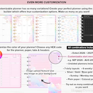 Pu&ograve; includere: Un planner digitale personalizzabile con opzioni di colore, carta e schede. Include layout datati e non datati, con opzioni giornaliere e settimanali. Il planner offre anelli argento, oro o oro rosa e un mese di inizio personalizzabile.