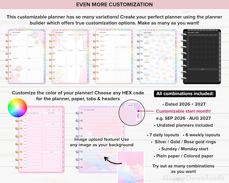 Pu&ograve; includere: Un planner digitale personalizzabile con opzioni di colore, carta e schede. Include layout datati e non datati, con opzioni giornaliere e settimanali. Il planner offre anelli argento, oro o oro rosa e un mese di inizio personalizzabile.