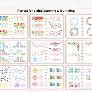 May include: A digital planner with floral and branch illustrations in various colors, including pink, blue, yellow, and green. The illustrations are arranged in a grid pattern on a white background. The text "Perfect for digital planning & journaling" is at the top of the image.