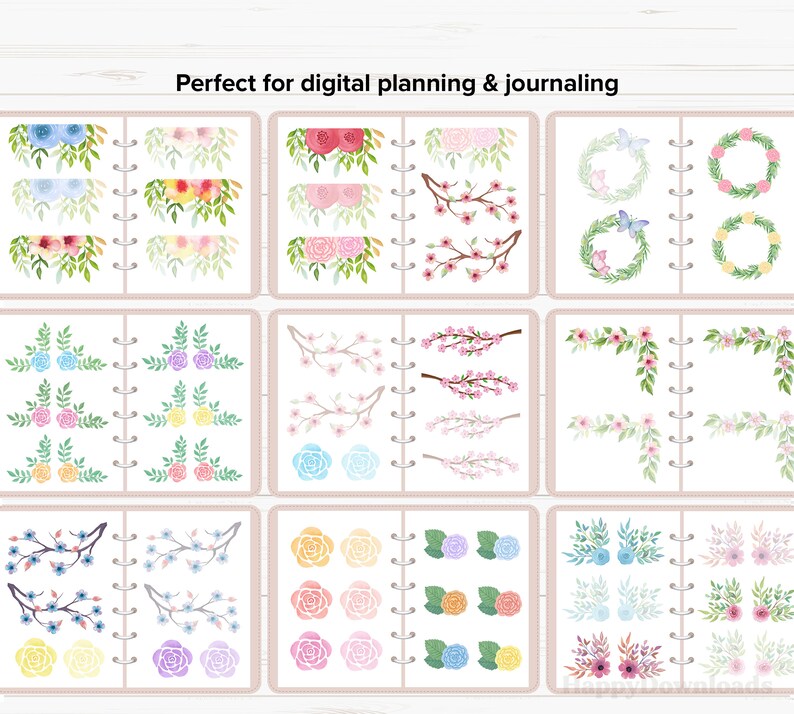 May include: A digital planner with floral and branch illustrations in various colors, including pink, blue, yellow, and green. The illustrations are arranged in a grid pattern on a white background. The text "Perfect for digital planning & journaling" is at the top of the image.
