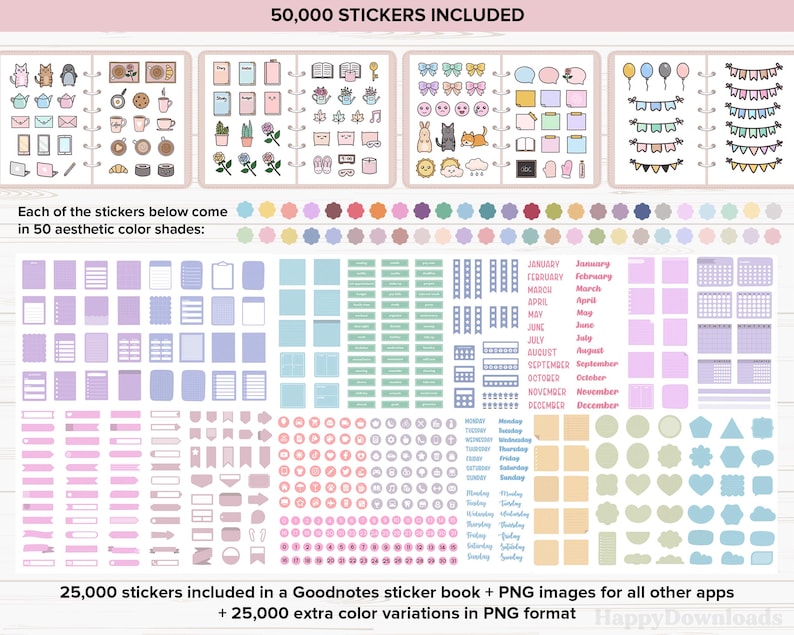 Pu&ograve; includere: Set di adesivi digitali con vari disegni, tra cui icone, banner ed elementi di calendario. L'immagine mostra una variet&agrave; di adesivi in diversi colori, con il testo "50,000 STICKERS INCLUDED". Gli adesivi sono progettati per la pianificazione digitale e il journaling.