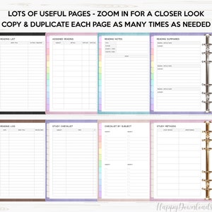 May include: A set of printable planner pages for students. The pages include sections for reading lists, assigned reading, reading notes, reading summaries, a reading log, a study checklist, a checklist by subject, and study methods. The pages are designed to be printed and used in a binder.