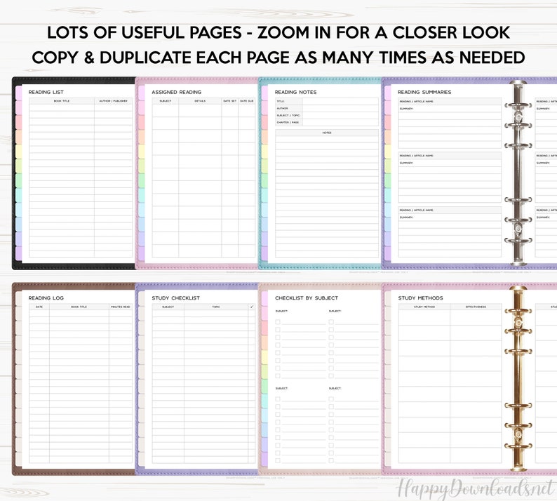 May include: A set of printable planner pages for students. The pages include sections for reading lists, assigned reading, reading notes, reading summaries, a reading log, a study checklist, a checklist by subject, and study methods. The pages are designed to be printed and used in a binder.