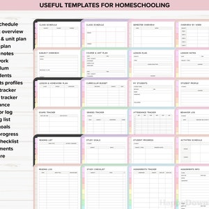 May include: A set of printable homeschooling templates with a pastel rainbow color scheme. The templates include sections for class schedules, subject overviews, lesson plans, homework, curriculum, student profiles, exams, grades, attendance, behavior logs, reading lists, study goals, study progress, study checklists, assignments, and more.