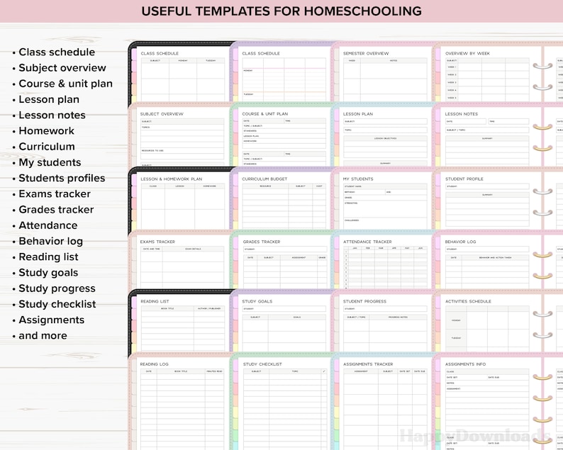 May include: A set of printable homeschooling templates with a pastel rainbow color scheme. The templates include sections for class schedules, subject overviews, lesson plans, homework, curriculum, student profiles, exams, grades, attendance, behavior logs, reading lists, study goals, study progress, study checklists, assignments, and more.