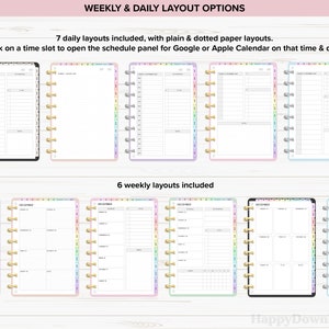 Pu&ograve; includere: Layout di planner digitale che mostrano opzioni settimanali e giornaliere. L'immagine mostra sette layout giornalieri con opzioni di carta semplice e puntinata e sei layout settimanali. Il testo indica l'integrazione del planner con Google o Apple Calendar.
