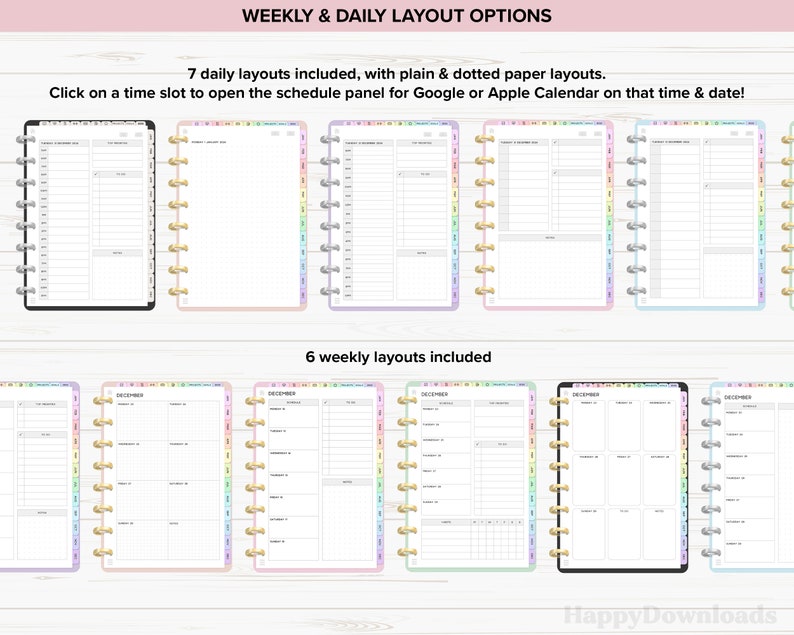 Pu&ograve; includere: Layout di planner digitale che mostrano opzioni settimanali e giornaliere. L'immagine mostra sette layout giornalieri con opzioni di carta semplice e puntinata e sei layout settimanali. Il testo indica l'integrazione del planner con Google o Apple Calendar.