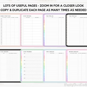 May include: A set of printable planner pages for studying. The pages include sections for hourly study plans, study methods, task time logs, task time plans, study sessions, study progress, topic checklists, and revision checklists.