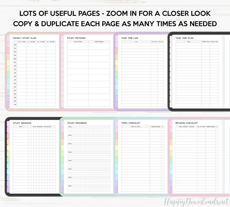 May include: A set of printable planner pages for studying. The pages include sections for hourly study plans, study methods, task time logs, task time plans, study sessions, study progress, topic checklists, and revision checklists.