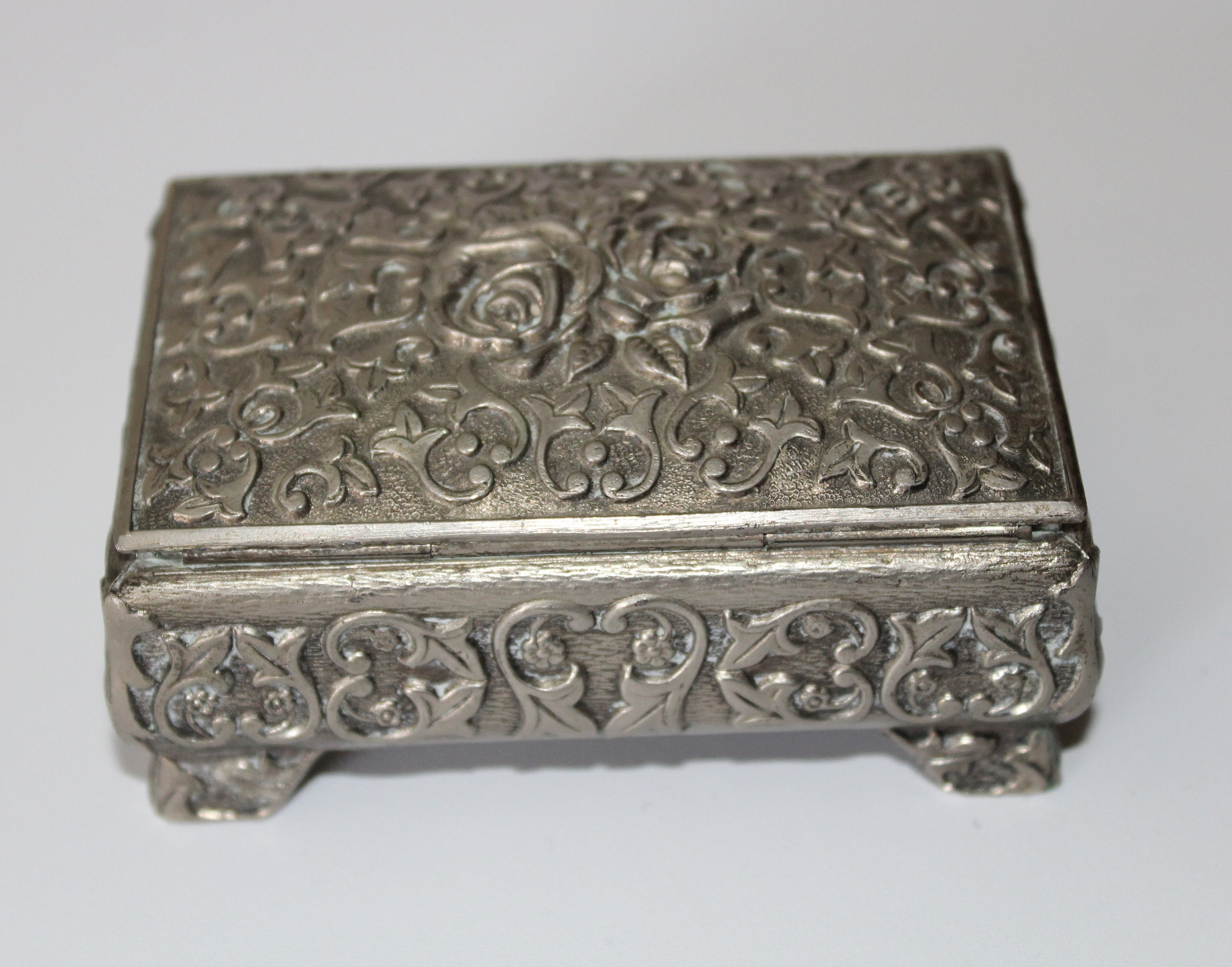 Small Silver Toned Metal Trinket Box With Red Lining, Rose