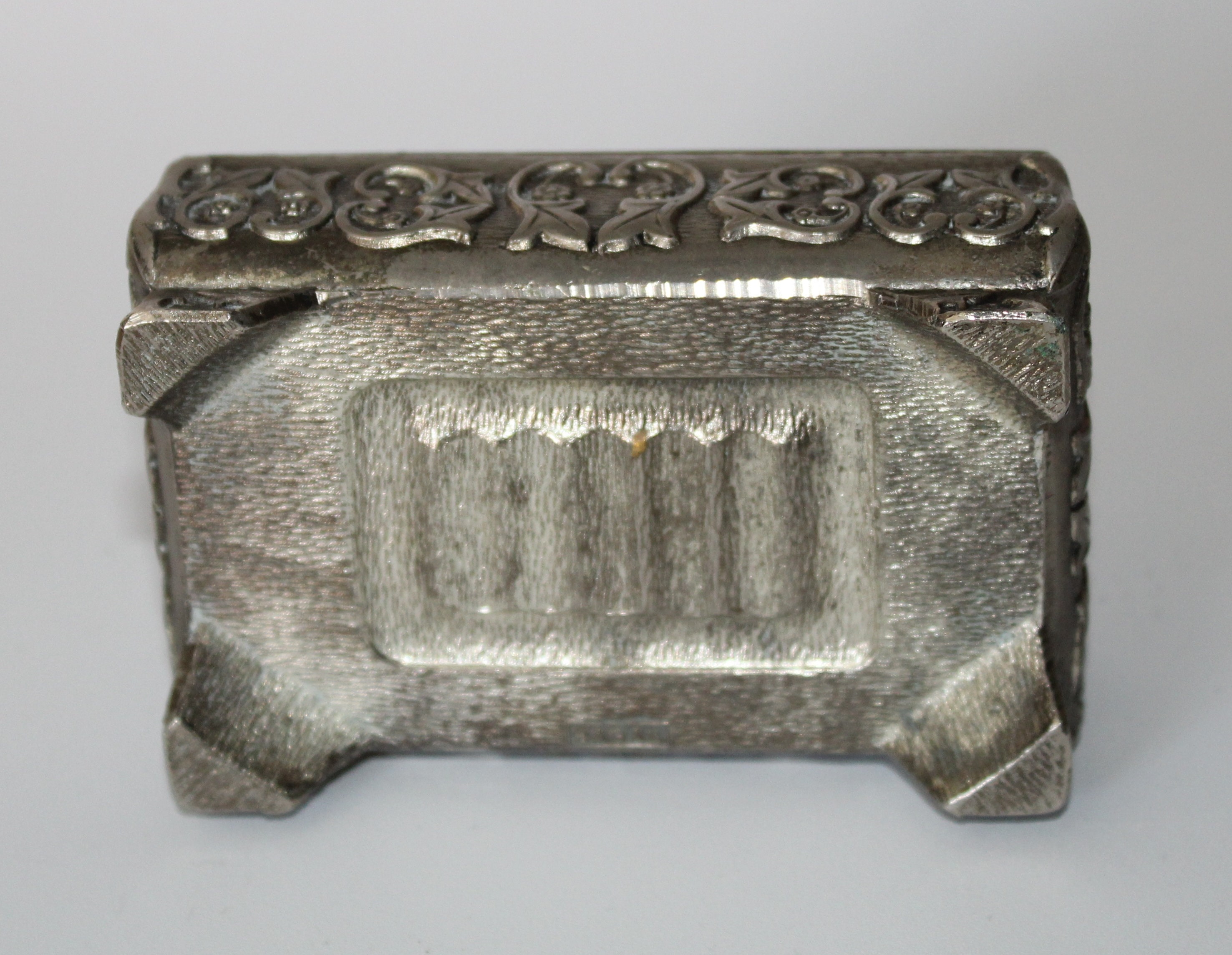 Small Silver Toned Metal Trinket Box With Red Lining, Rose