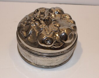 Vintage Silver-Plated Trinket Box | Embossed Floral Fruit Design, Made in India